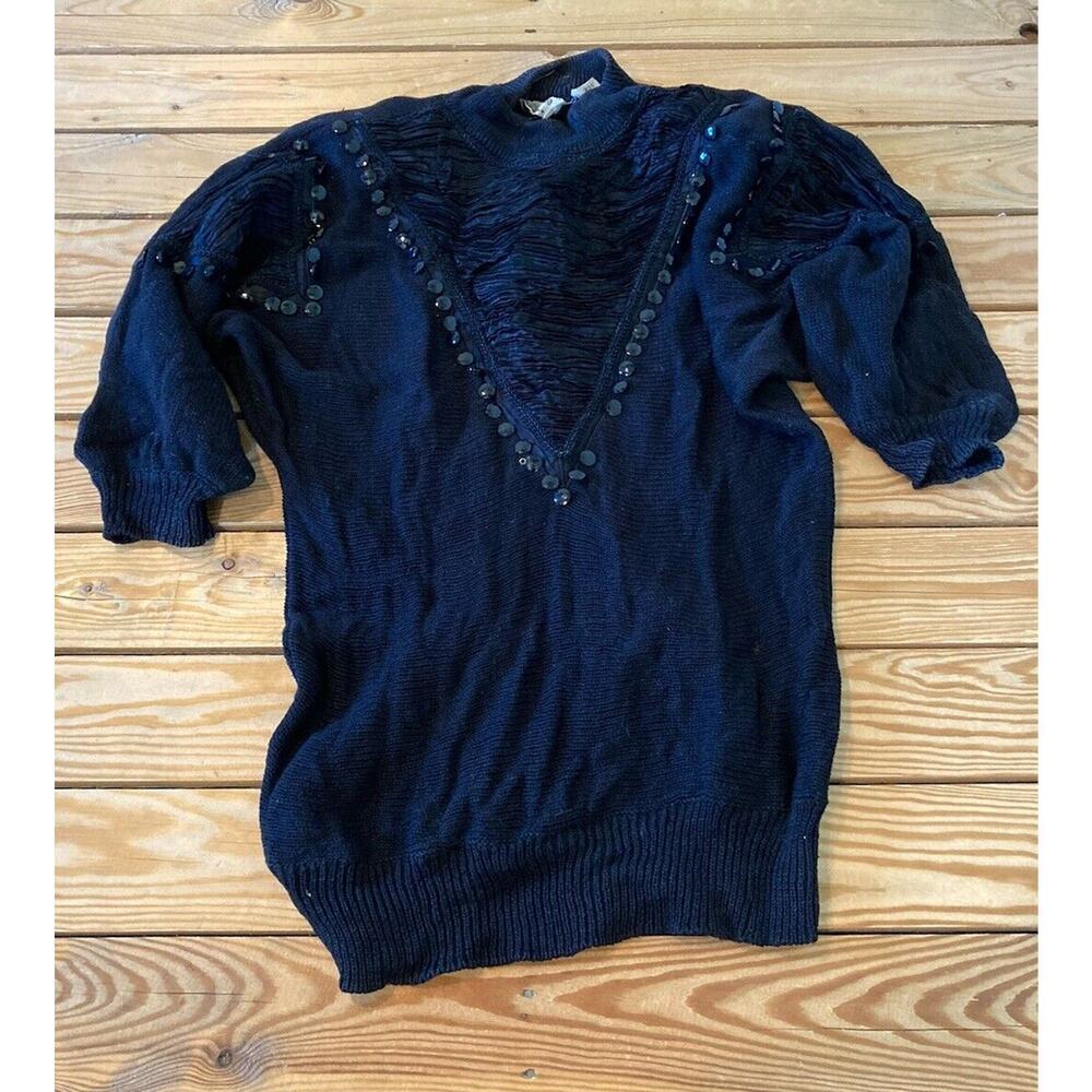 Vintage Bonnie & Bill Bead Detail Sweater Size Large Women’s Black Short Sleeve